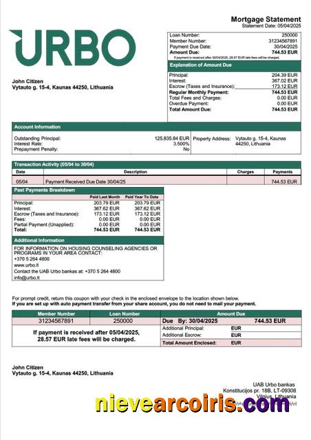 Lithuania UAB Urbo bankas mortgage statement Word and PDF template